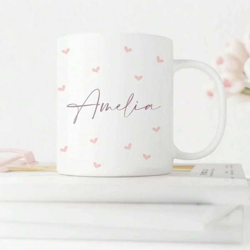 Tailorly White Ceramic 11 oz Mug - Amelia Elegant Handwritten Script Scattered Among Delicate Minimalist Pink Tiny Floating Heart