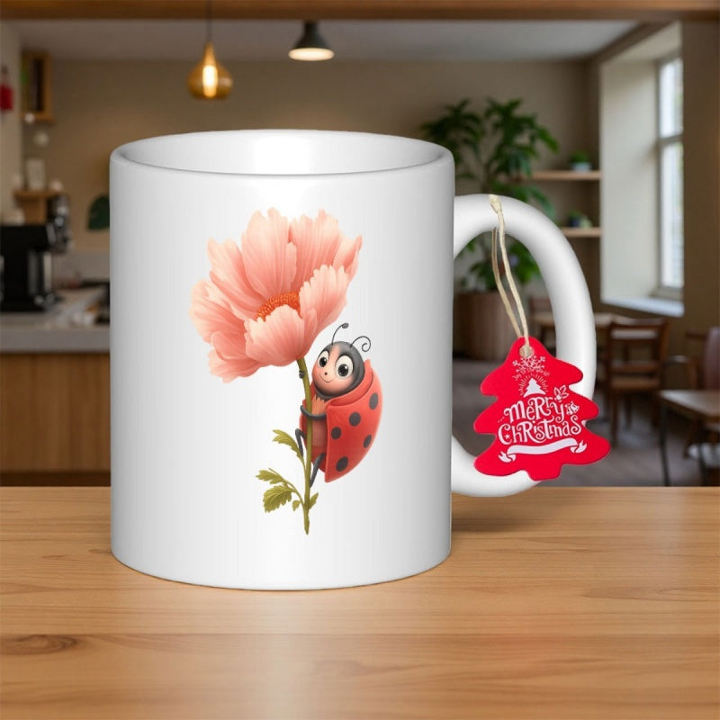 Tailorly White Ceramic 11 oz Mug - Merry Christmas Cute Tiny Ladybug Resting On A Delicate Pink Petal Flower Ladybug