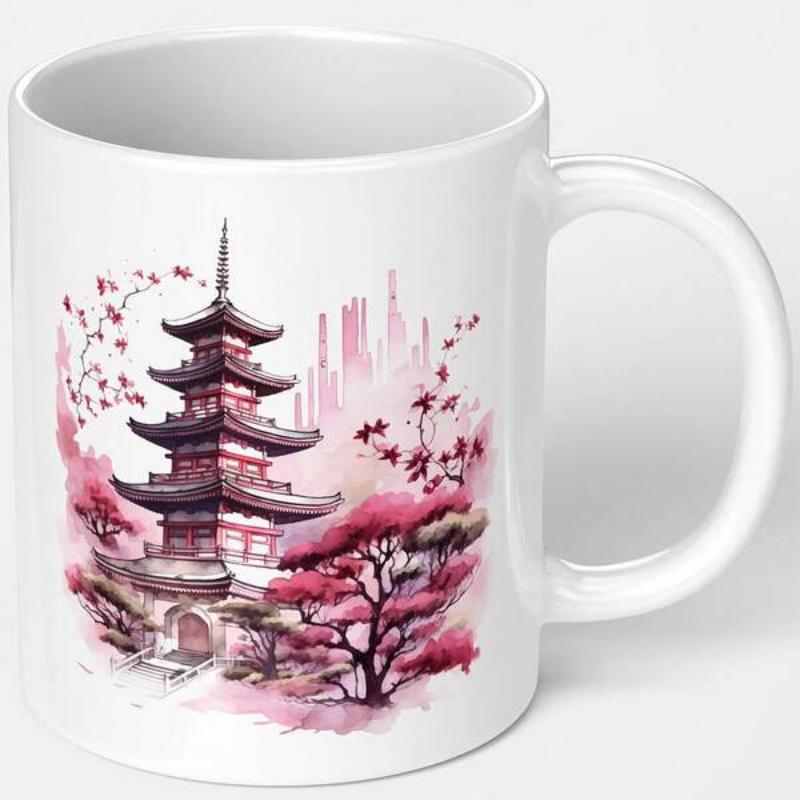 Tailorly White Ceramic 11 oz Mug - Traditional Japanese Pagoda Surrounded By Blooming Pink Cherry Blossom Trees Pagoda