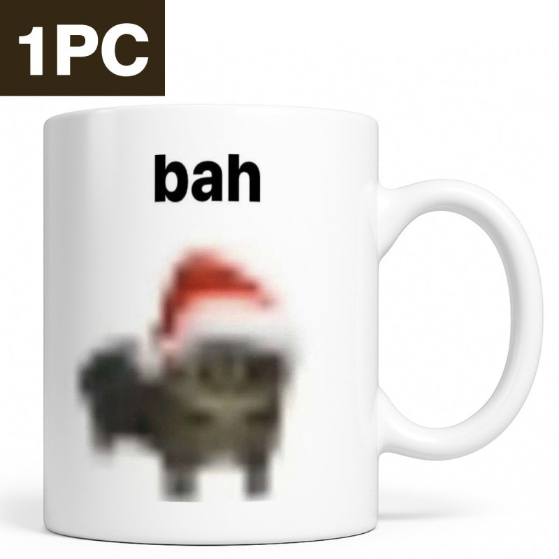 Tailorly White Ceramic 11 oz Mug - Bah Festive Pixelated Small Black Animal Wearing A Classic Red Santa Hat Cat