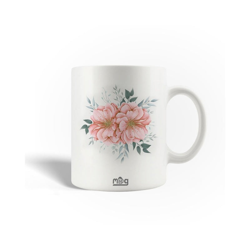 Tailorly White Ceramic 11 oz Mug - Mug Beautiful Pink Peony Flowers Among Elegant Green And Gray Leaves Flower
