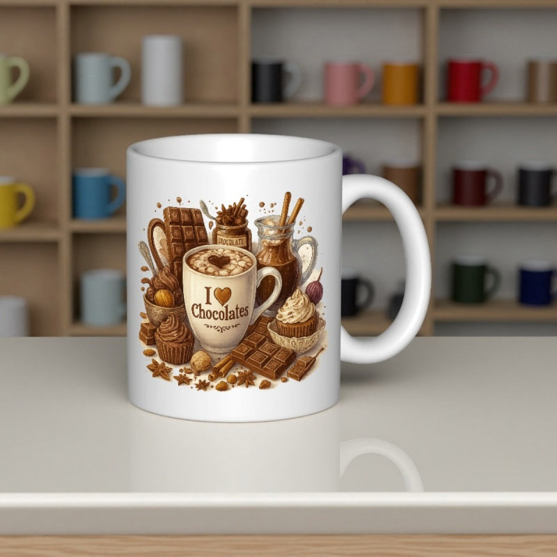 Tailorly White Ceramic 11 oz Mug - I Love Chocolate Delicious Cocoa With Sweet Cupcakes And Rich Dark Bars Mug