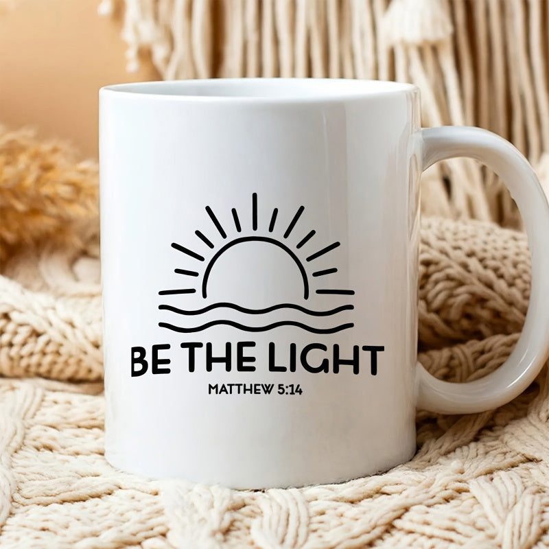 Tailorly White Ceramic 11 oz Mug - Be The Light Matthew 5 14 Minimalist Line Art Sun Rising Over Gentle Water Waves Mug
