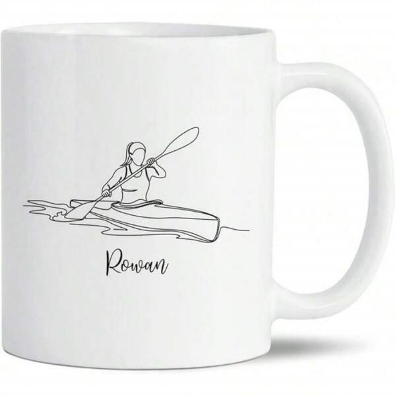 Tailorly White Ceramic 11 oz Mug - Rowan Minimalist Black Line Drawing Depicting A Person Rowing Through Gentle Waves Kayaker