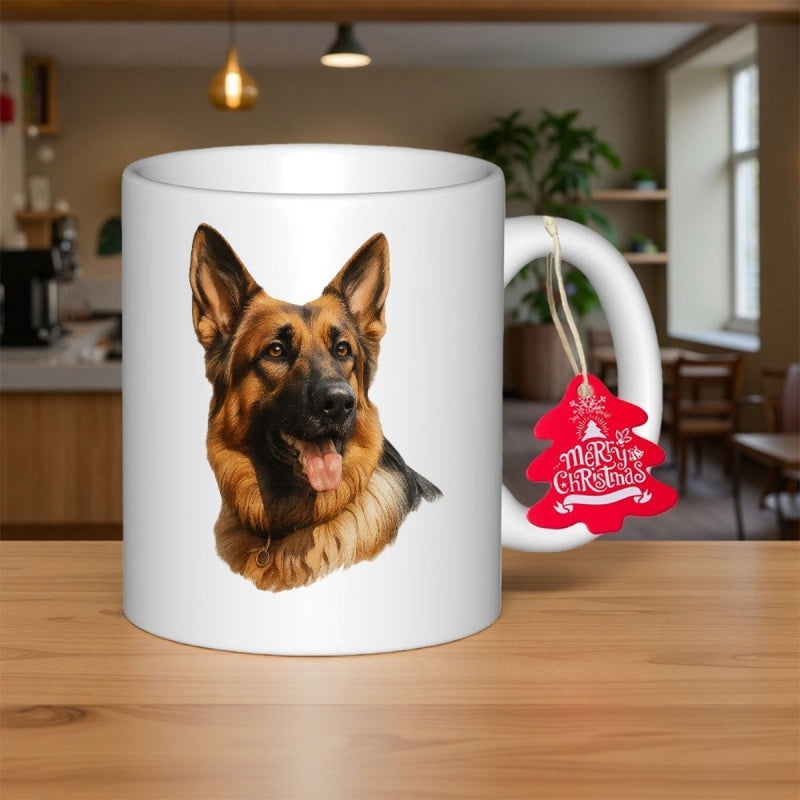 Tailorly White Ceramic 11 oz Mug - Merry Christmas Loyal Protective Portrait With Pointed Ears And Alert Expression German Shepherd