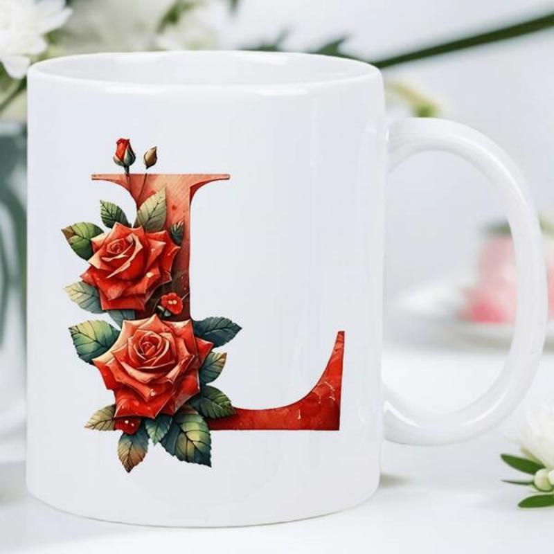 Tailorly White Ceramic 11 oz Mug - L Vibrant Red Blooming Roses Nestled Against A Textured Capital Serif Style Letter