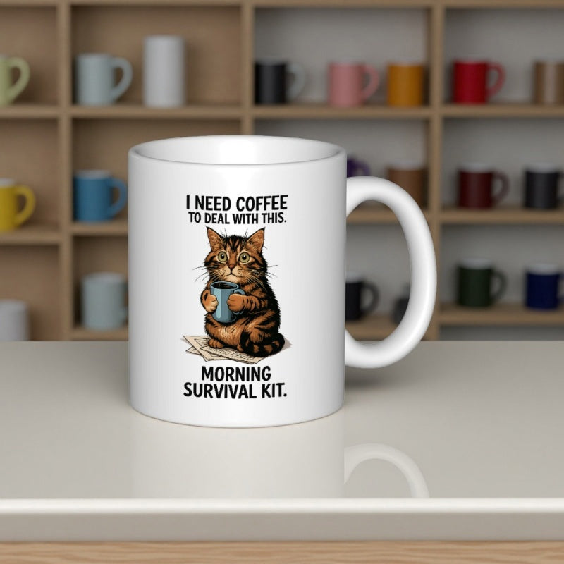 Tailorly White Ceramic 11 oz Mug - I Need Coffee To Deal With This Morning Survival Kit Grumpy Brown Tabby Cat Holding Small Blue Coffee Mug Cat