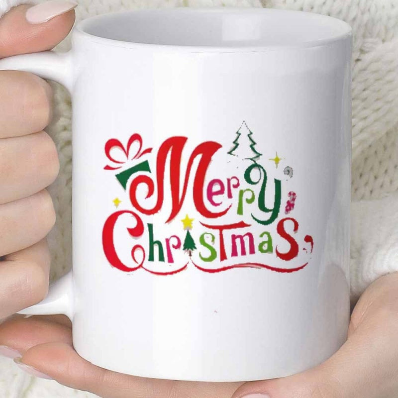Tailorly White Ceramic 11 oz Mug - Merry Christmas Festive Holiday Greeting With Decorative Trees And Colorful Artistic Script Mug