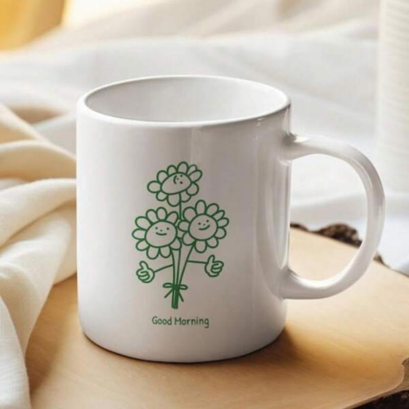 Tailorly White Ceramic 11 oz Mug - Good Morning Hand Drawn Green Floral Design With Smiling Faces And Joyful Thumbs Up Flower