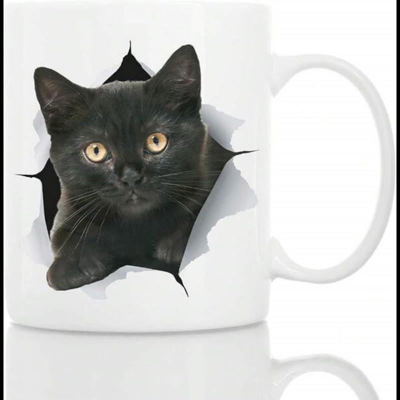 Tailorly White Ceramic 11 oz Mug - Adorable Black Kitten Peeking Through A Realistic Torn Paper Hole Effect Cat