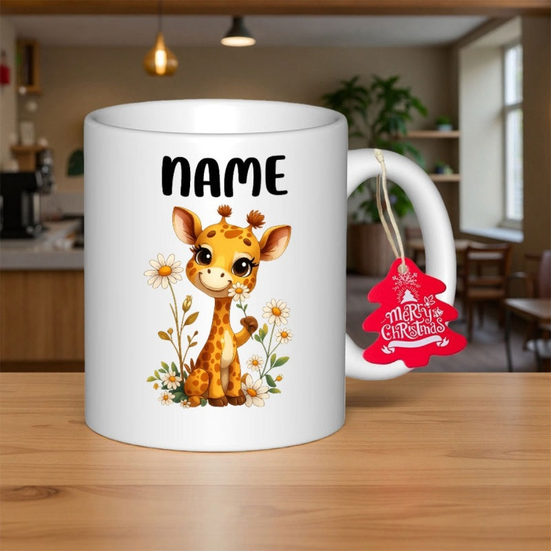 Tailorly White Ceramic 11 oz Mug - Name Merry Christmas Adorable Cartoon Baby Sitting Among Delicate Flowers With Sweet Expression Giraffe