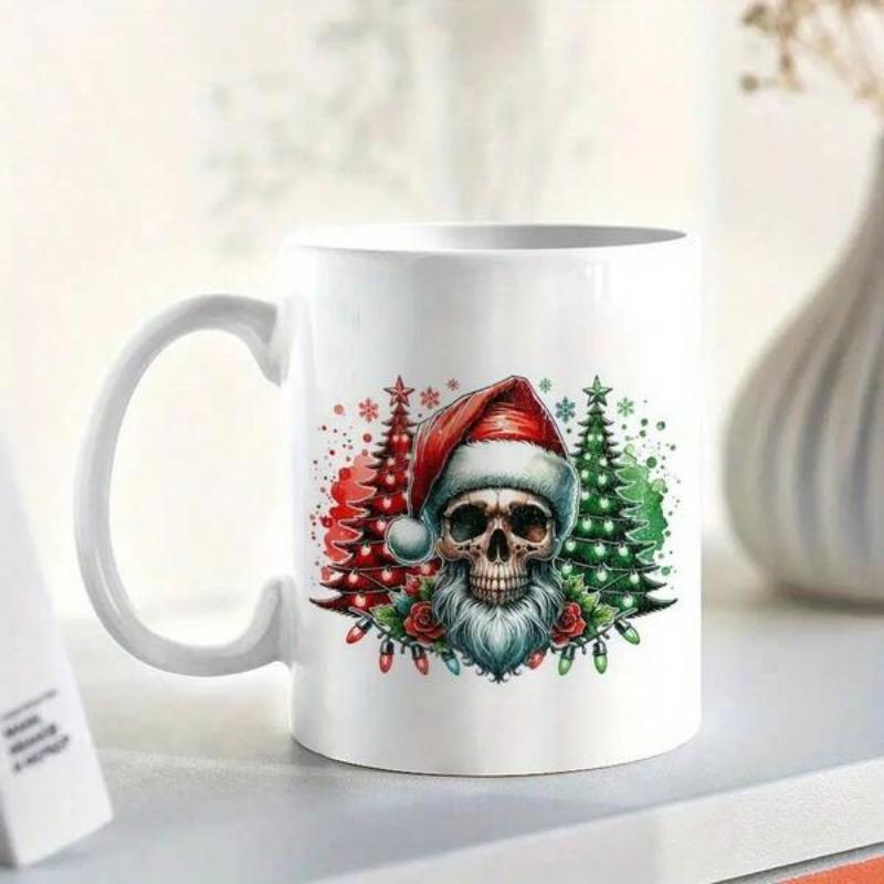 Tailorly White Ceramic 11 oz Mug - Festive Christmas Scene Featuring Bearded Santa Wearing Red Hat Skull