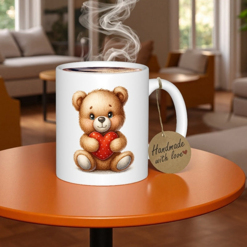 Tailorly White Ceramic 11 oz Mug - Handmade With Love Adorable Cartoon Style Sitting Holding A Red Spotted Heart Bear