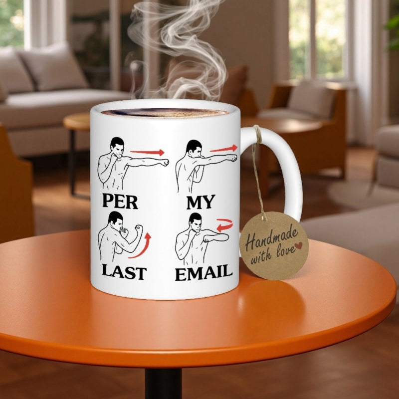 Tailorly White Ceramic 11 oz Mug - Per My Last Email Action Poses Showing Directional Strikes With Red Arrows On Simple Line Fighter