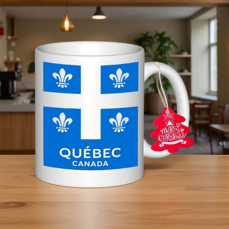 Tailorly White Ceramic 11 oz Mug - Quebec Canada Elegant White Cross With Four Royal Blue Fleur De Lis Heraldic Symbols Flag