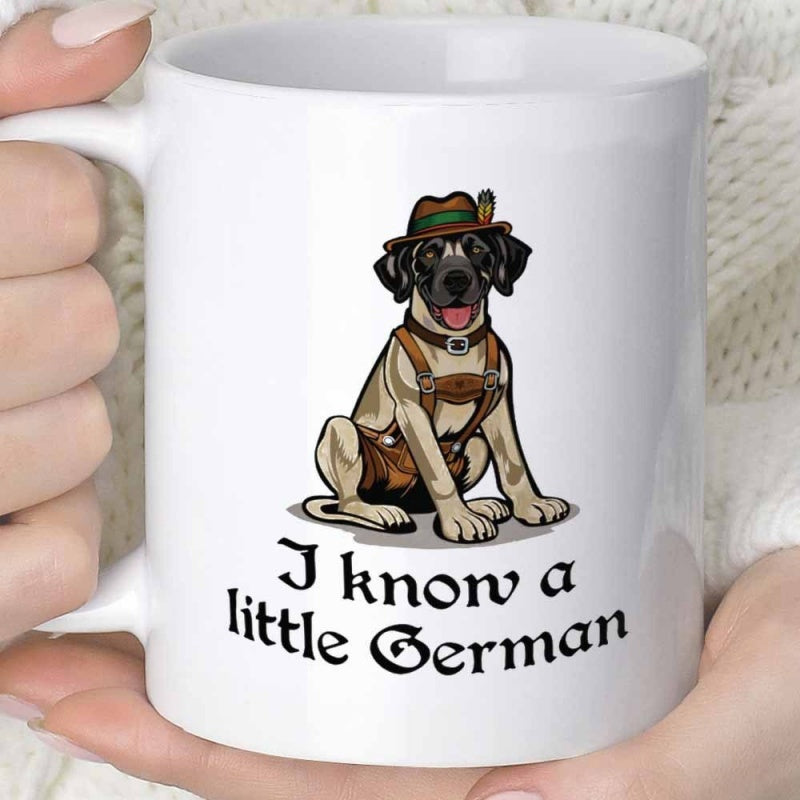 Tailorly White Ceramic 11 oz Mug - I Know A Little German Traditional Bavarian Lederhosen And Alpine Hat On A Cute Sitting Dog