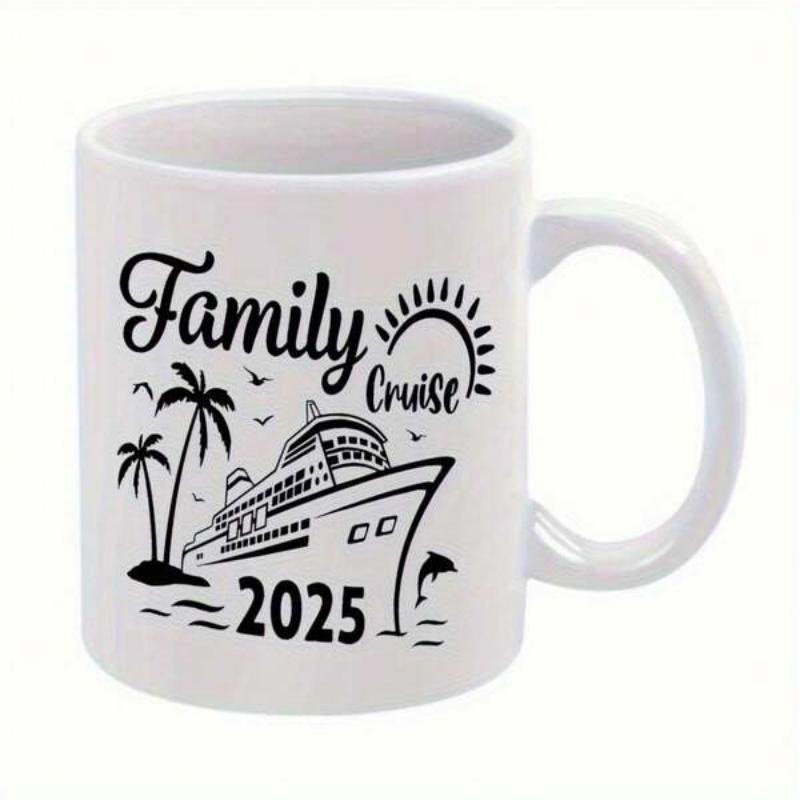 Tailorly White Ceramic 11 oz Mug - Family Cruise 2025 Majestic Ocean Liner Sailing Past Tropical Palm Trees Under Bright Setting Sun Ship