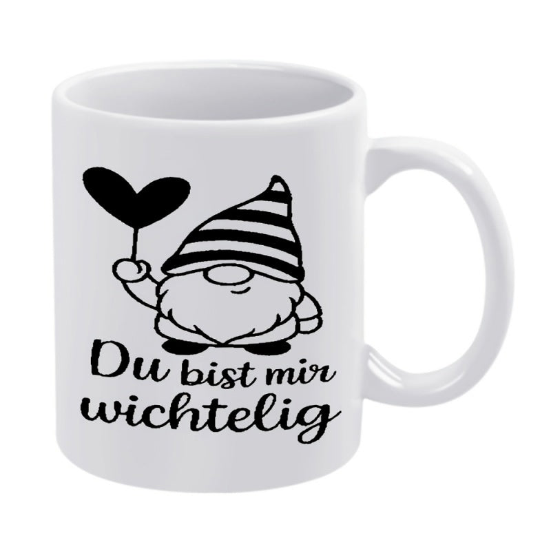 Tailorly White Ceramic 11 oz Mug - Minimalist Whimsical Striped Hat Gnome Holding A Delicate Heart Balloon Gnome