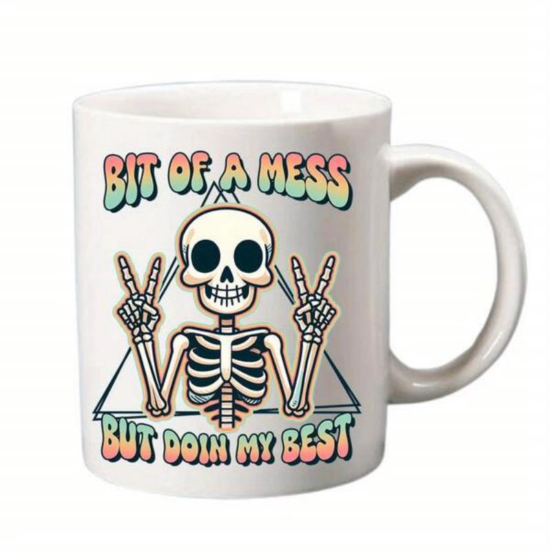 Tailorly White Ceramic 11 oz Mug - Bit Of A Mess But Doin My Best Retro Cartoon Making Peace Signs Framed Within A Triangle Skeleton