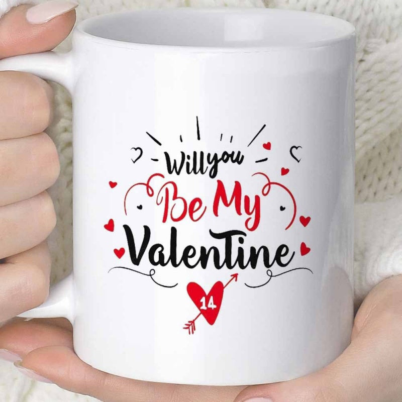 Tailorly White Ceramic 11 oz Mug - Will You Be My Valentine Romantic Script Typography Surrounded By Tiny Hearts And Cupid Arrow Heart