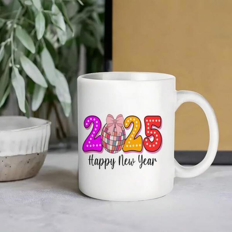 Tailorly White Ceramic 11 oz Mug - 2025 Happy New Year Colorful Festive Ornament With Pink Bow And Polka Dot Mug
