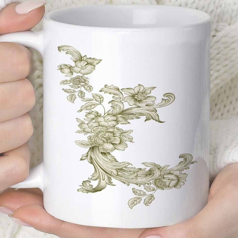 Tailorly White Ceramic 11 oz Mug - Elegant Vintage Baroque Style Floral Scrollwork With Muted Green Leaves Blossom