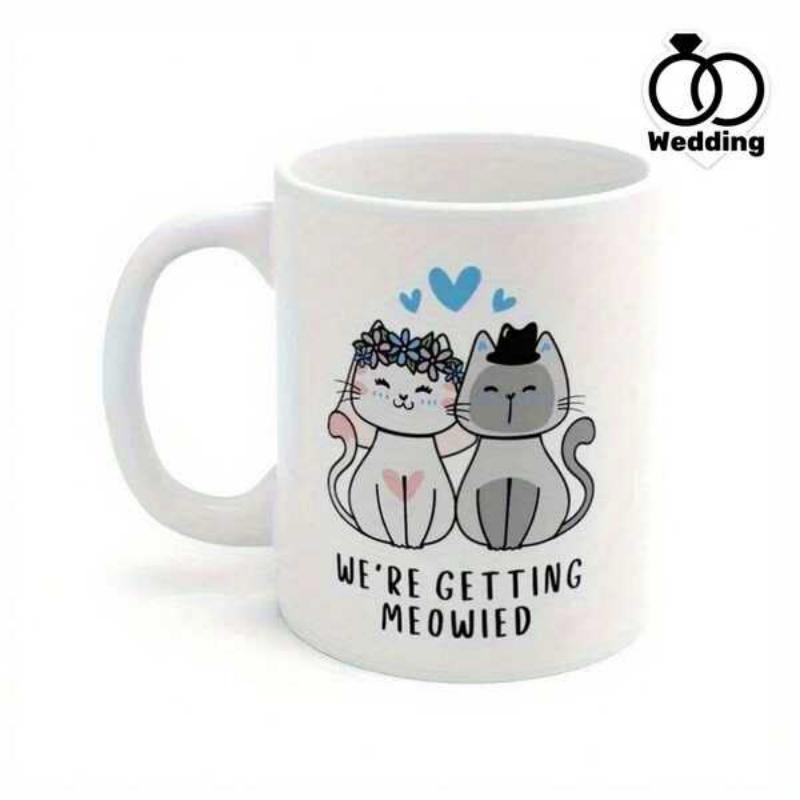 Tailorly White Ceramic 11 oz Mug - Were Getting Meowied Two Adorable Cartoon Feline Wedding Couple Beneath Little Blue Hearts Cat
