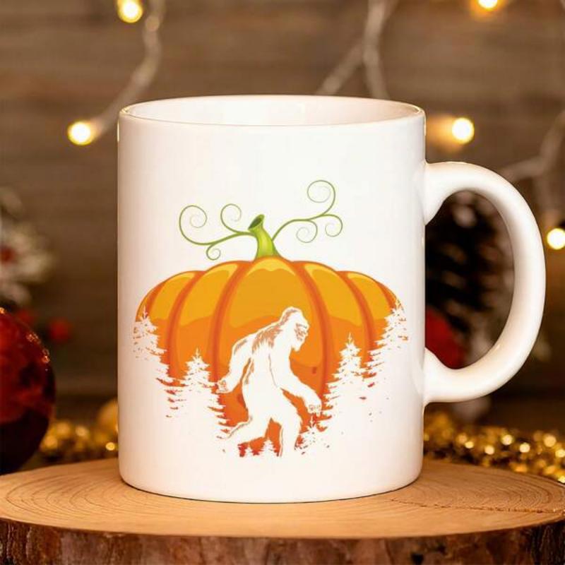 Tailorly White Ceramic 11 oz Mug - Mysterious Forest Creature Walking Through Pine Trees In Front Of Autumn Pumpkin Bigfoot