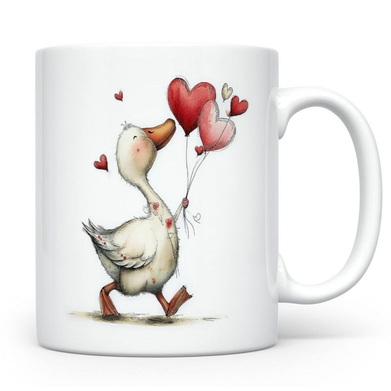Tailorly White Ceramic 11 oz Mug - Whimsical Hand Drawn Style Walking With Floating Heart Balloons Duck