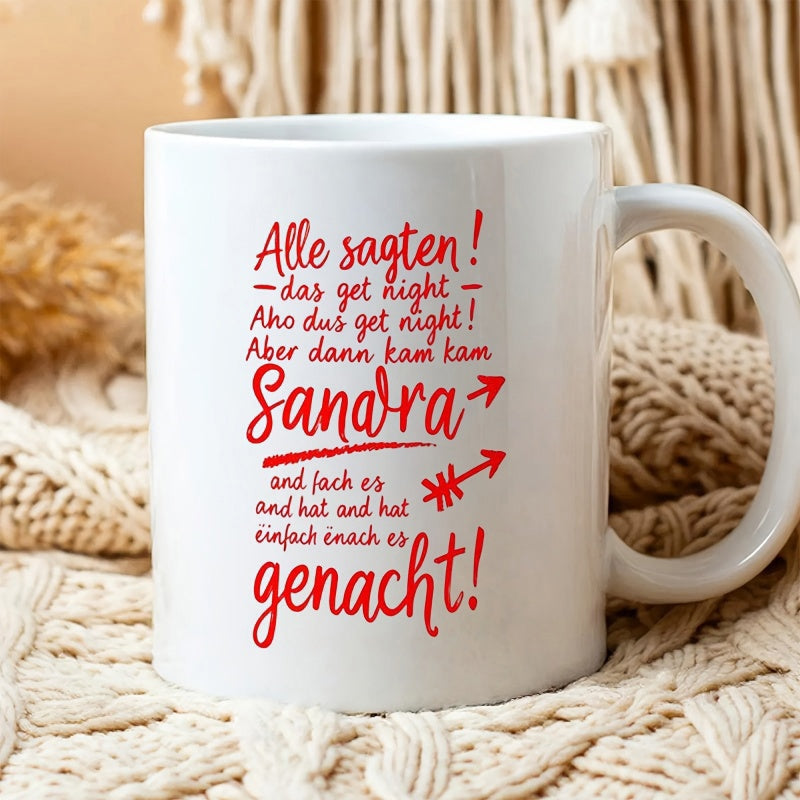 Tailorly White Ceramic 11 oz Mug - Elegant Red Script Lettering With Decorative Arrows Printed On Surface Mug