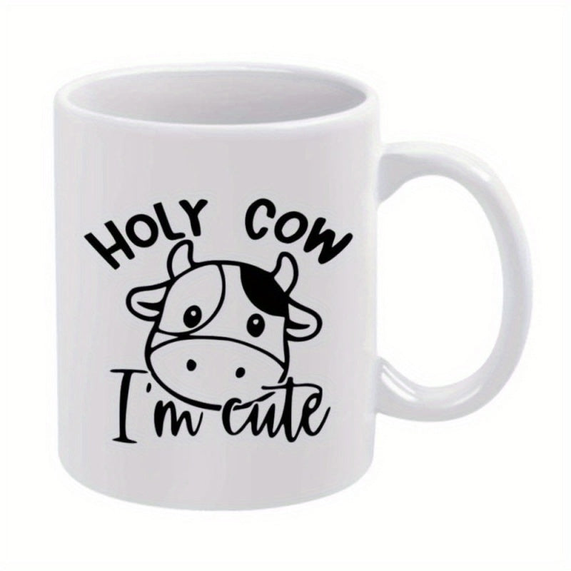 Tailorly White Ceramic 11 oz Mug - Holy Cow Im Cute Adorable Cartoon Animal Face With Playful Spots And Small Horns Cow