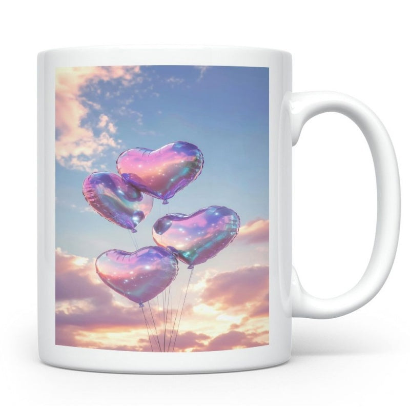 Tailorly White Ceramic 11 oz Mug - Shimmering Purple Heart Shaped Balloons Floating Against A Soft Pastel Sunset Sky Balloon