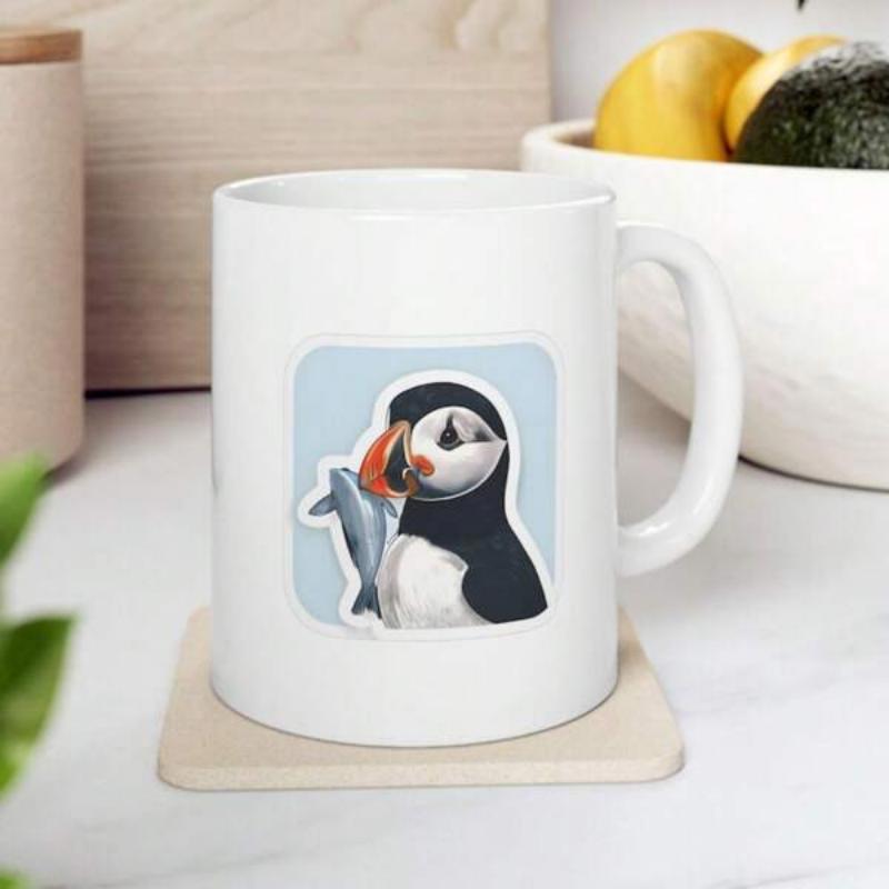 Tailorly White Ceramic 11 oz Mug - Cute Arctic Bird Holding Silver Fish On Blue Background Puffin