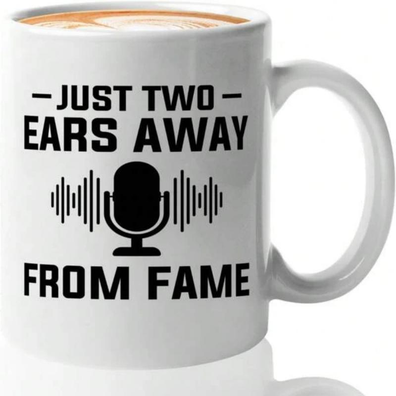 Tailorly White Ceramic 11 oz Mug - Just Two Ears Away From Fame Classic Retro Style Broadcasting Icon With Linear Rhythmic Audio Sound Waves Microphone