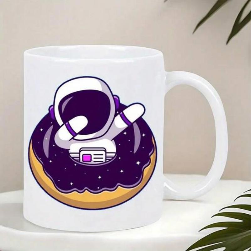 Tailorly White Ceramic 11 oz Mug - Cute Cartoon Character Dabbing While Floating Inside A Cosmic Starry Glazed Donut Astronaut