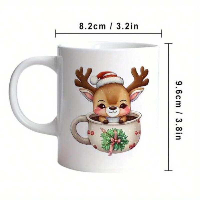 Tailorly White Ceramic 11 oz Mug - Adorable Cartoon Festive Reindeer With Santa Hat Inside Decorated Holiday Cup Deer