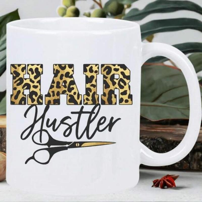 Tailorly White Ceramic 11 oz Mug - Hair Hustler Bold Leopard Texture With Professional Salon Styling Tools Scissors