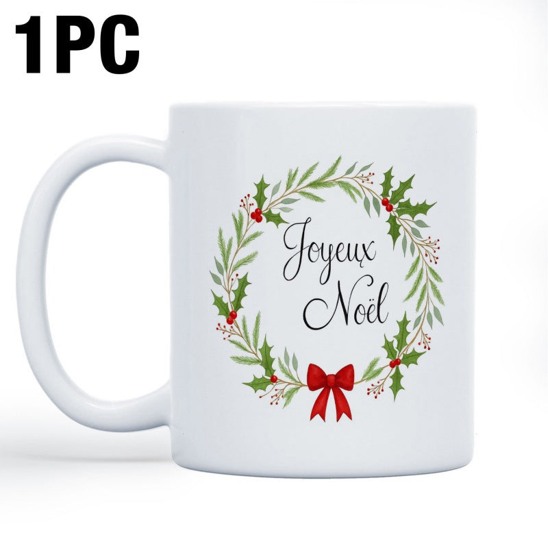 Tailorly White Ceramic 11 oz Mug - Festive Greenery Featuring Vibrant Red Berries And A Large Silk Ribbon Wreath