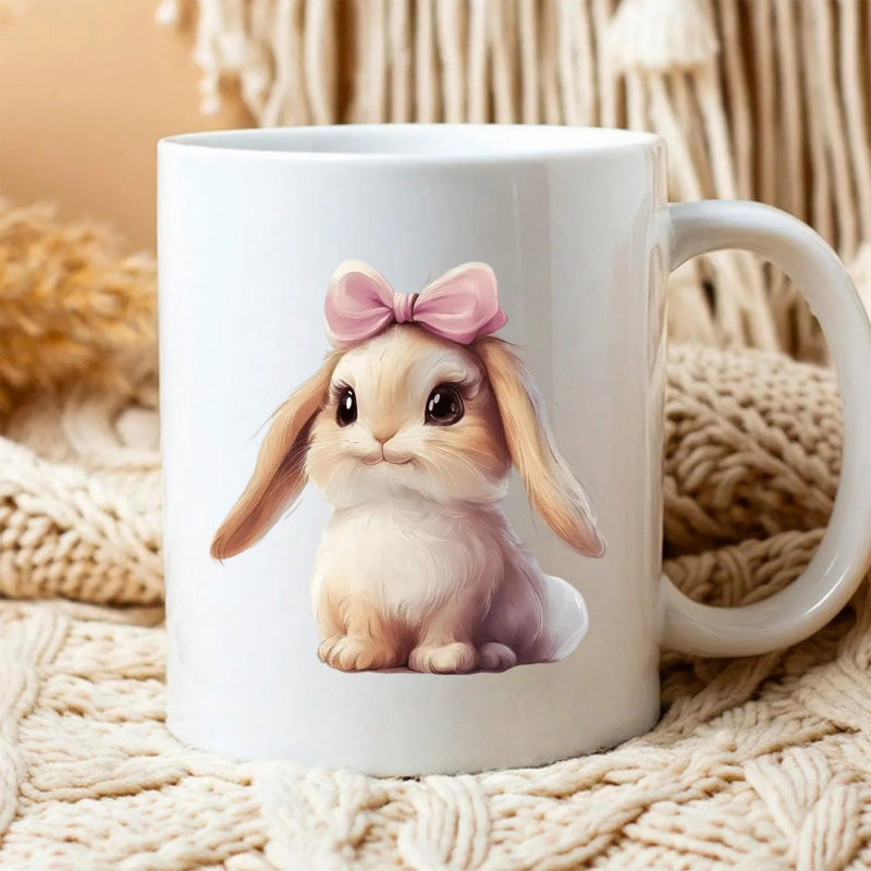 Tailorly White Ceramic 11 oz Mug - Adorable Long Eared Bunny Wearing A Pretty Pink Bow Sitting Gracefully Rabbit