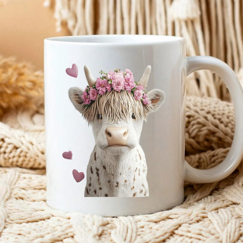 Tailorly White Ceramic 11 oz Mug - Sweet White Highland Calf Wearing Pink Rose Crown And Little Hearts Cow