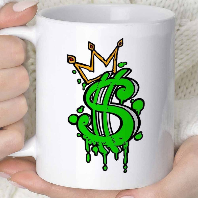 Tailorly White Ceramic 11 oz Mug - Vibrant Green Graffiti Style Dripping Design With Golden Royal Crown Dollar