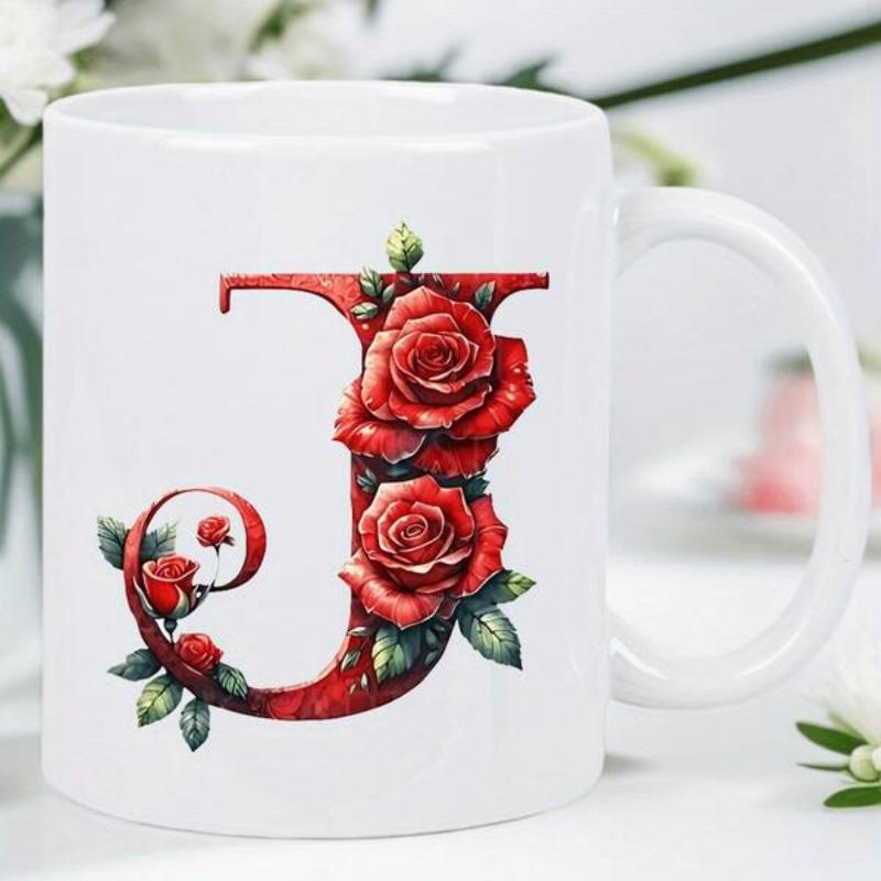 Tailorly White Ceramic 11 oz Mug - J Elegant Stylized Letter Intertwined With Vibrant Blooming Red Petals And Leaves Rose