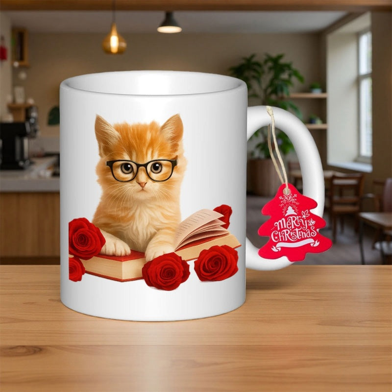 Tailorly White Ceramic 11 oz Mug - Ginger Feline Wearing Reading Glasses Sitting Among Beautiful Red Roses Kitten