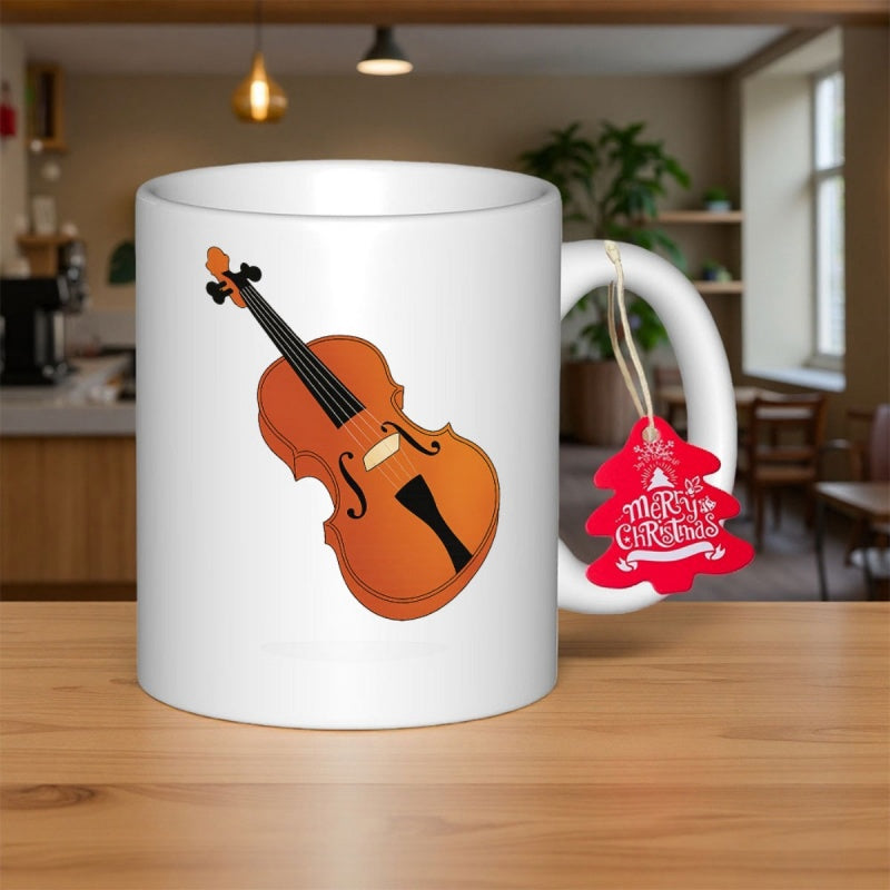 Tailorly White Ceramic 11 oz Mug - Merry Christmas Classical Stringed Instrument Crafted With Elegant Wooden Details And Polished Textures Violin