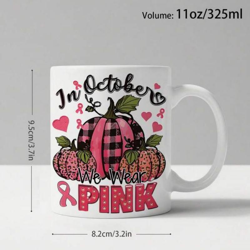 Tailorly White Ceramic 11 oz Mug - In October We Wear Pink Stylish Pink Buffalo Plaid Designs Featuring Awareness Ribbons And Hearts Pumpkin