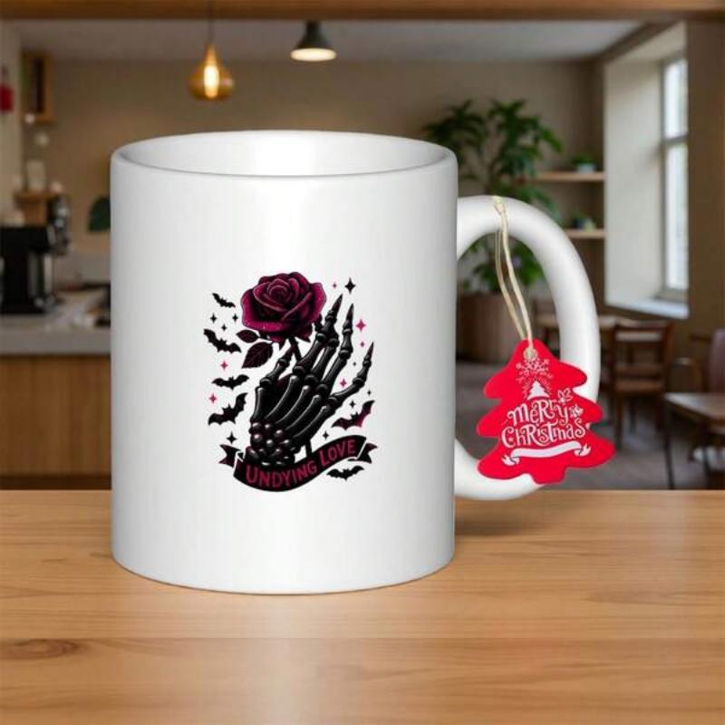 Tailorly White Ceramic 11 oz Mug - Unfading Love Gothic Skeletal Hand Holding A Dark Red Rose Among Small Flying Bats Hand