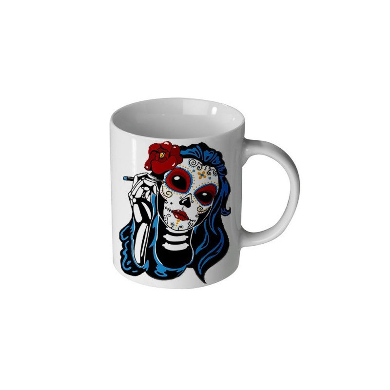 Tailorly White Ceramic 11 oz Mug - Mystical Sugar Skull Lady With Red Rose And Flowing Blue Hair Woman