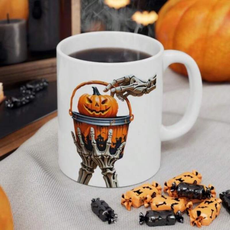 Tailorly White Ceramic 11 oz Mug - Spooky Skeleton Hands Holding A Carved Jack O Lantern Candy Pail Pumpkin