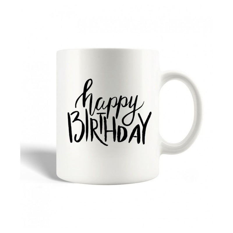 Tailorly White Ceramic 11 oz Mug - Happy Birthday Minimalist Black Ink Calligraphy Styled For Festive Celebration Events Sign