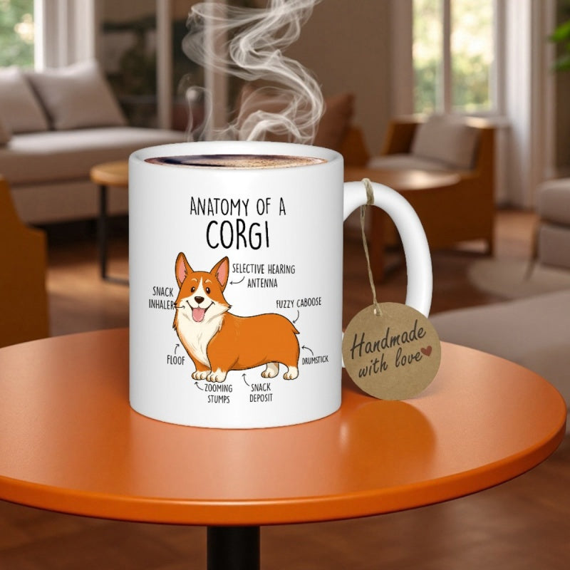 Tailorly White Ceramic 11 oz Mug - Anatomy Of A Corgi Adorable Cartoon Dog Featuring Body Labels In A Playful Scientific Diagram Corgi